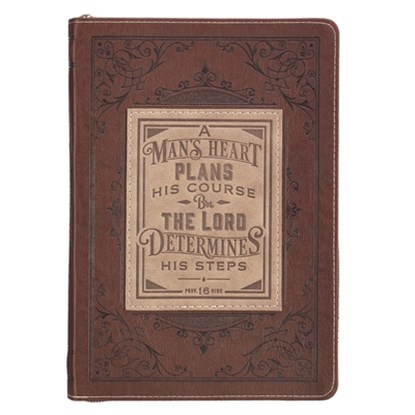 Classic Faux Leather Journal a Man's Heart Proverbs 16:9 Bible Verse Brown Inspirational Notebook, Lined Pages W/Scripture, Ribbon Marker, Zipper Clos, Christian Art Gifts Inc - Gebonden - 9781642722086