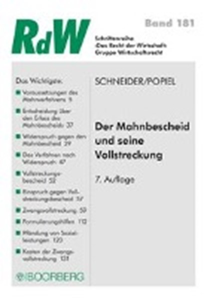 Popiel, D: Mahnbescheid und seine Vollstreckung, POPIEL,  Dominique Johanna ; Schneider, Roman - Paperback - 9783415056367