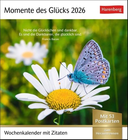 Momente des Glücks Postkartenkalender 2026 - Wochenkalender mit Zitaten, mit 53 Postkarten, Harenberg - Paperback - 9783840036071