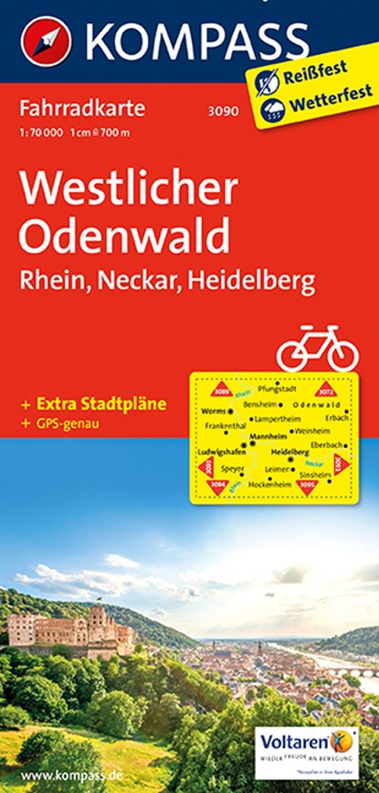 KOMPASS Fahrradkarte 3090 Westlicher Odenwald - Rhein - Neckar - Heidelberg 1:70.000, niet bekend - Losbladig - 9783850263108