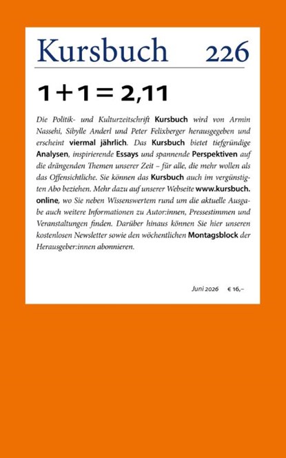 Kursbuch 226, Armin Nassehi ; Peter Felixberger ; Sibylle Anderl - Paperback - 9783961963829