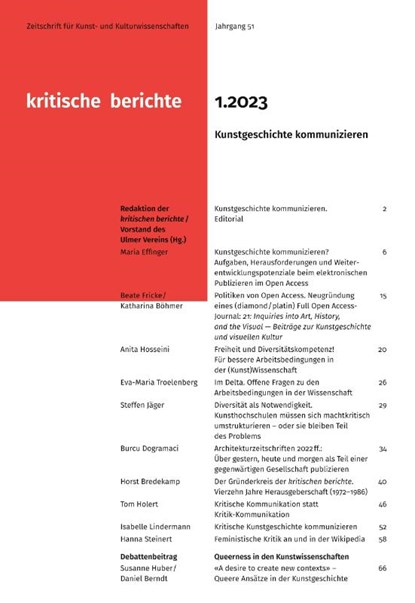 Kritische Berichte : Zeitschrift für Kunst- und Kulturwissenschaften / Jahrgang 51, Heft 1.2023, Julian Blunk ; Regine Heß ; Henry Kaap - Paperback - 9783985011896