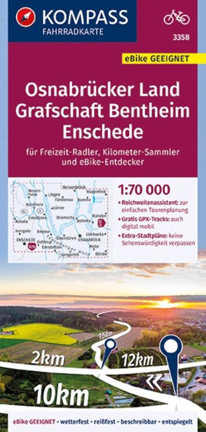 KOMPASS Fahrradkarte 3358 Osnabrücker Land, Grafschaft Bentheim, Enschede 1:70.000, KOMPASS-Karten GmbH - Gebonden - 9783991211471