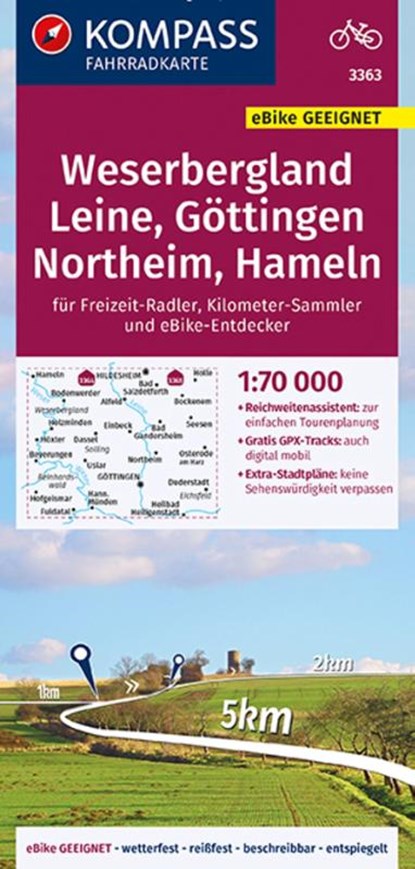 KOMPASS Fahrradkarte 3363 Weserbergland, Leine, Göttingen, Northeim, Hameln 1:70.000, KOMPASS-Karten GmbH - Gebonden - 9783991211747