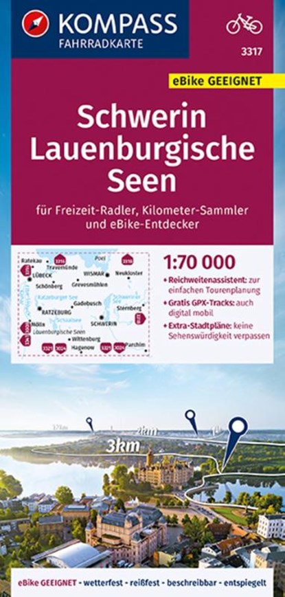 KOMPASS Fahrradkarte 3317 Schwerin, Lauenburgische Seen 1:70.000, KOMPASS-Karten GmbH - Gebonden - 9783991213383
