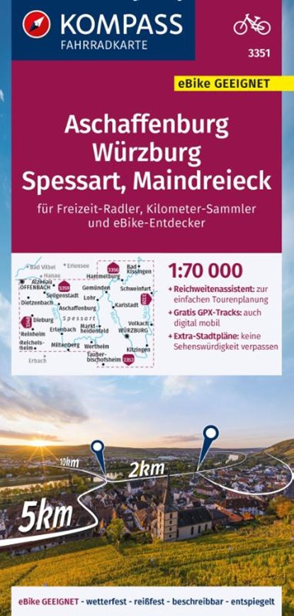 KOMPASS Fahrradkarte 3351 Aschaffenburg, Würzburg, Spessart, Maindreieck 1:70.000, niet bekend - Gebonden - 9783991213765