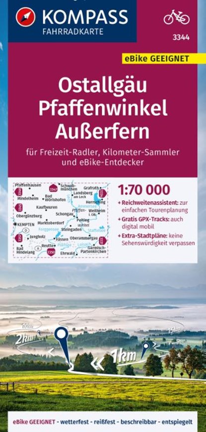 KOMPASS Fahrradkarte 3344 Ostallgäu, Pfaffenwinkel, Außerfern 1:70.000, niet bekend - Gebonden - 9783991214953