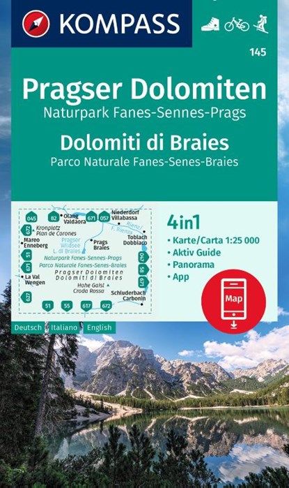 KOMPASS Wanderkarte 145 Pragser Dolomiten, Naturpark Fanes-Sennes-Prags, Dolomiti di Braies, Parco Naturale Fanes-Senes-Braies 1:25.000, niet bekend - Gebonden - 9783991215899