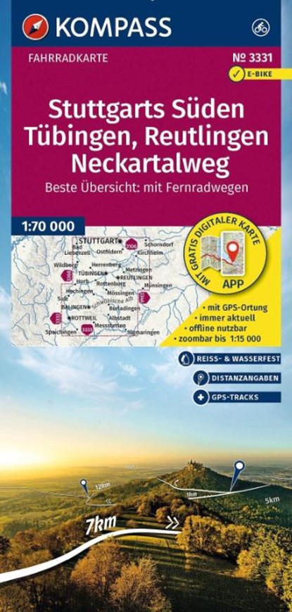 KOMPASS Fahrradkarte 3331 Stuttgarts Süden, Tübingen, Reutlingen, Neckartalweg 1:70.000, niet bekend - Gebonden - 9783991540595