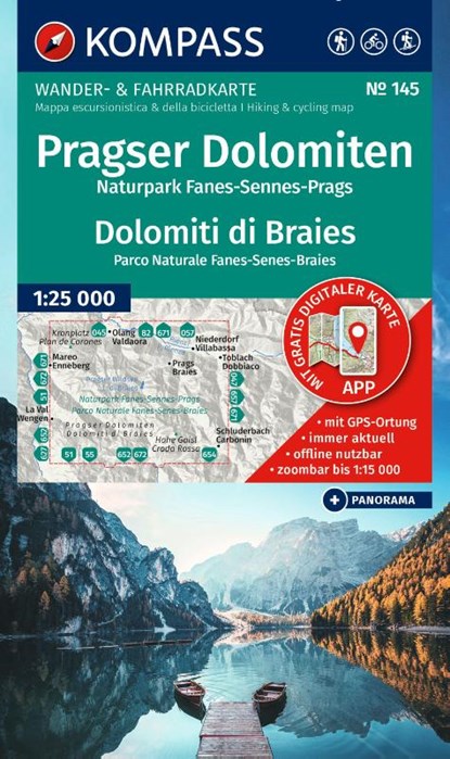 KOMPASS Wanderkarte 145 Pragser Dolomiten, Naturpark Fanes-Sennes-Prags / Dolomiti di Braies, Parco Naturale Fanes-Senes-Braies 1:25.000, niet bekend - Gebonden - 9783991543206