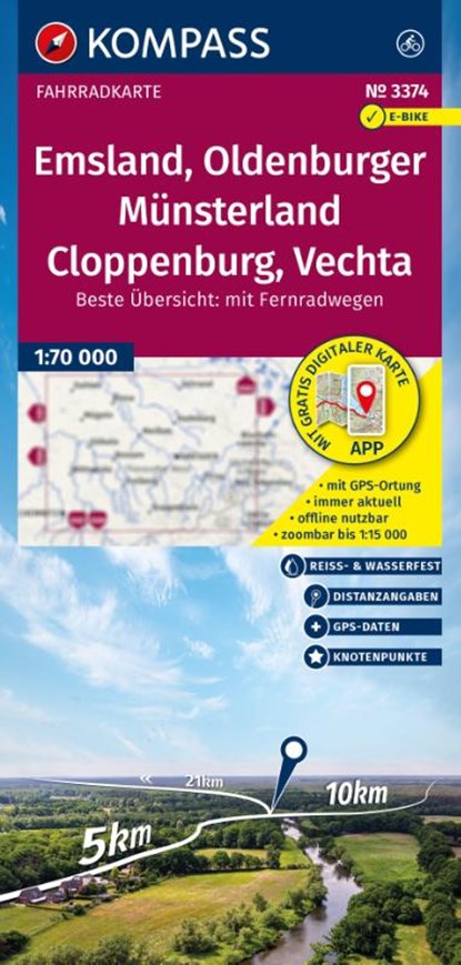 KOMPASS Fahrradkarte 3374 Emsland, Oldenburger Münsterland, Cloppenburg, Vechta mit Knotenpunkten 1:70.000, niet bekend - Gebonden - 9783991543404