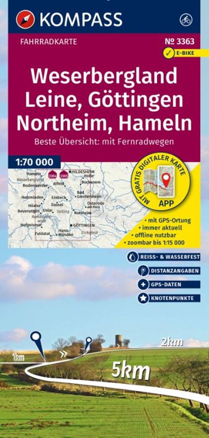 KOMPASS Fahrradkarte 3363 Weserbergland, Leine, Göttingen, Northeim, Hameln mit Knotenpunkten 1:70.000, niet bekend - Gebonden - 9783991543527
