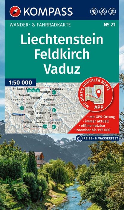 KOMPASS Wanderkarte 21 Liechtenstein, Feldkirch, Vaduz 1:50.000, niet bekend - Gebonden - 9783991543664