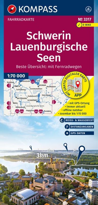 KOMPASS Fahrradkarte 3317 Schwerin, Lauenburgische Seen 1:70.000, niet bekend - Gebonden - 9783991543947