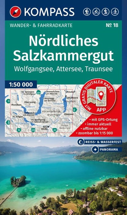 KOMPASS Wanderkarte 18 Nördliches Salzkammergut, Wolfgangsee, Attersee, Traunsee 1:50.000, niet bekend - Gebonden - 9783991544067