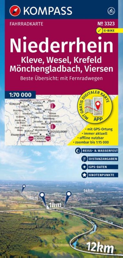 KOMPASS Fahrradkarte 3323 Niederrhein, Kleve, Wesel, Krefeld, Mönchengladbach, Viersen mit Knotenpunkten 1:70.000, niet bekend - Gebonden - 9783991544685