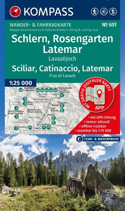 KOMPASS Wanderkarte 651 Schlern, Rosengarten, Latemar, Lavazéjoch / Sciliar, Catinaccio, Latemar, P.so di Lavazé 1:25.000, niet bekend - Gebonden - 9783991544784