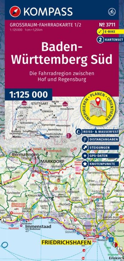 KOMPASS Großraum Fahrradkarte 3711 Baden-Württemberg Süd, die Fahrradregion vom Bodensee über das Allgäu bis zum Schwarzwald und der Schwäbischen Alb; mit Knotenpunkten 1:125.000, niet bekend - Gebonden - 9783991544876