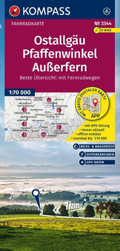 KOMPASS Fahrradkarte 3344 Ostallgäu, Pfaffenwinkel, Außerfern 1:70.000, niet bekend - Gebonden - 9783991545019