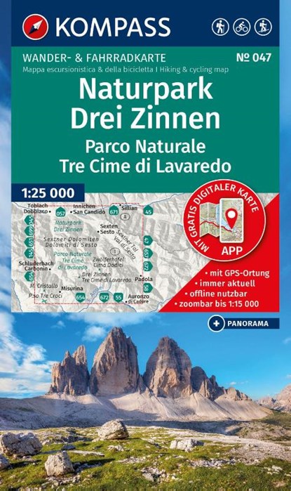 KOMPASS Wanderkarte 047 Naturpark Drei Zinnen, Parco Naturale Tre Cime di Lavaredo 1:25.000, niet bekend - Gebonden - 9783991545163
