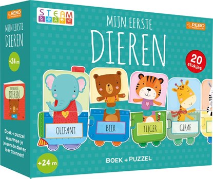 Puzzeltrein 20 stukjes en boek - Mijn eerste dieren, Rebo Productions B.V. - Gebonden - 9789036641920